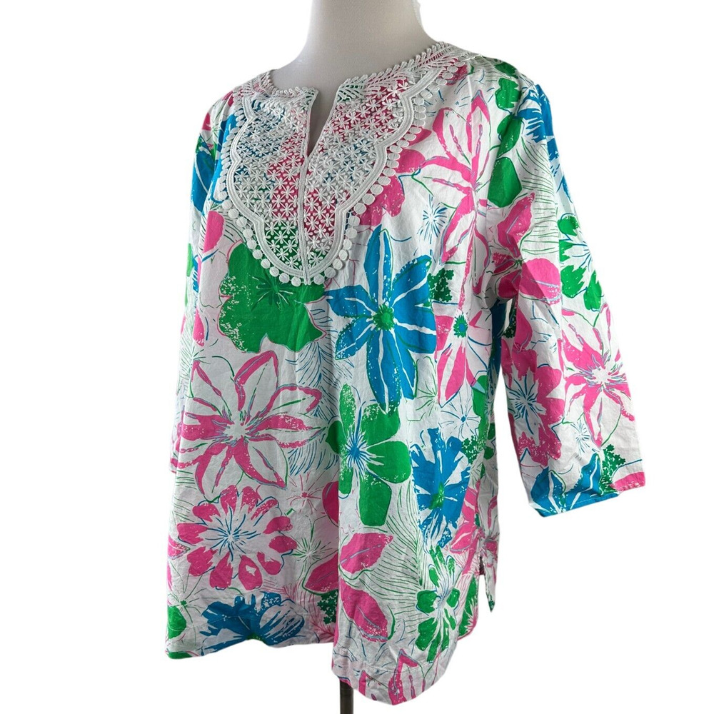 Talbots Lace Bib Tunic - Anguilla Floral Popover Split Neck Top Plus Size 3X - Picture 9 of 11